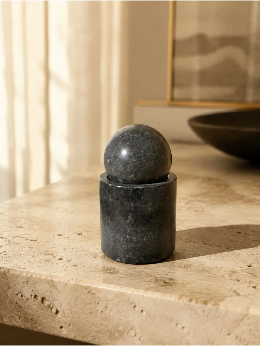 Small Black Marble Stone Keepsake Box with Round Ball Lid